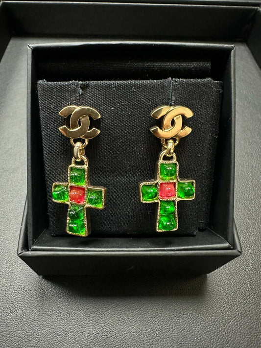 Chanel Vintage 02P Gripoix  Gold-Plated Green Red Cross Stud Earrings