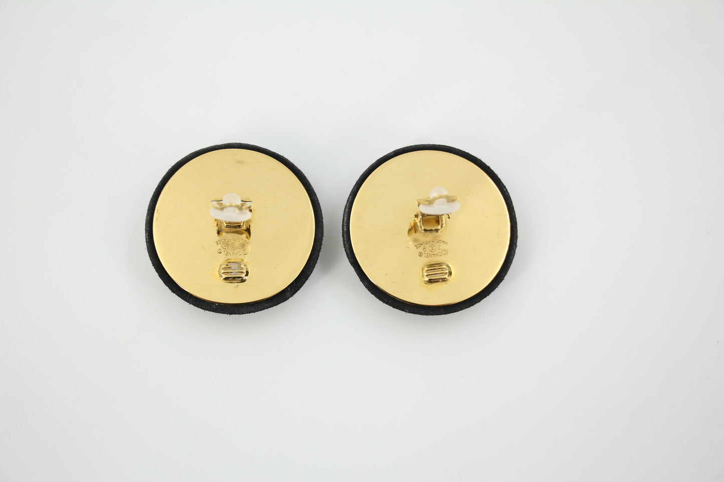 Chanel Vintage 91-92 Velvet Gold Plated Cross Large Round Black Earrings
