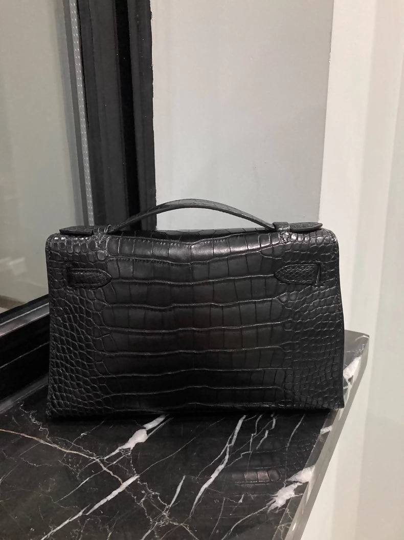vintage Hermes kelly pochette Black Matte Alligator palladium hardwrae