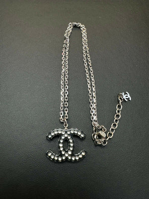 Chanel Vintage 05P Acrylic Transparent Rhinestone Black CC Double-Sided Necklace