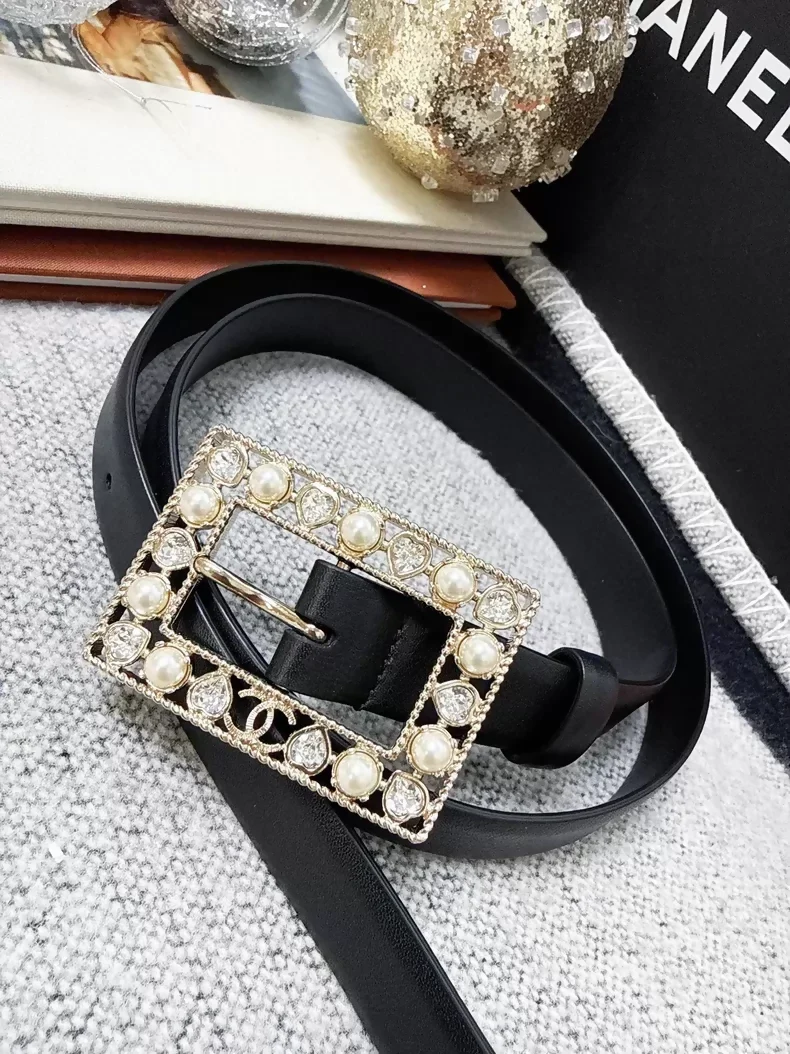 Chanel 22B pearl and rhinestone square leather belt,