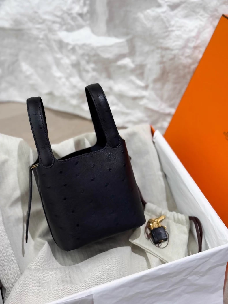 Hermes Picotin 14 Black Ostrich Leather gold hardware