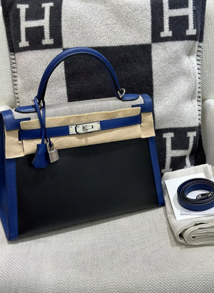 Hermès Kelly Limited Edition 32 Noir (Black)/Bleu Saphir Sellier Epsom Palladium Hardware