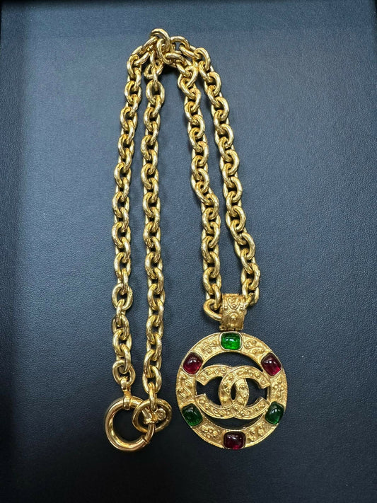 Chanel Vintage 94 Gripoix Grapevines  Gold Plated Red and Green CC Necklace