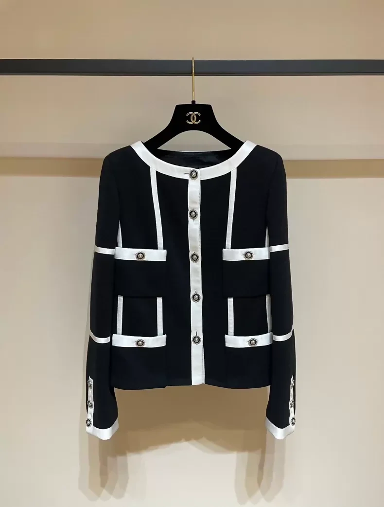 Chanel 20A Black and White Striped Pocket Jacket