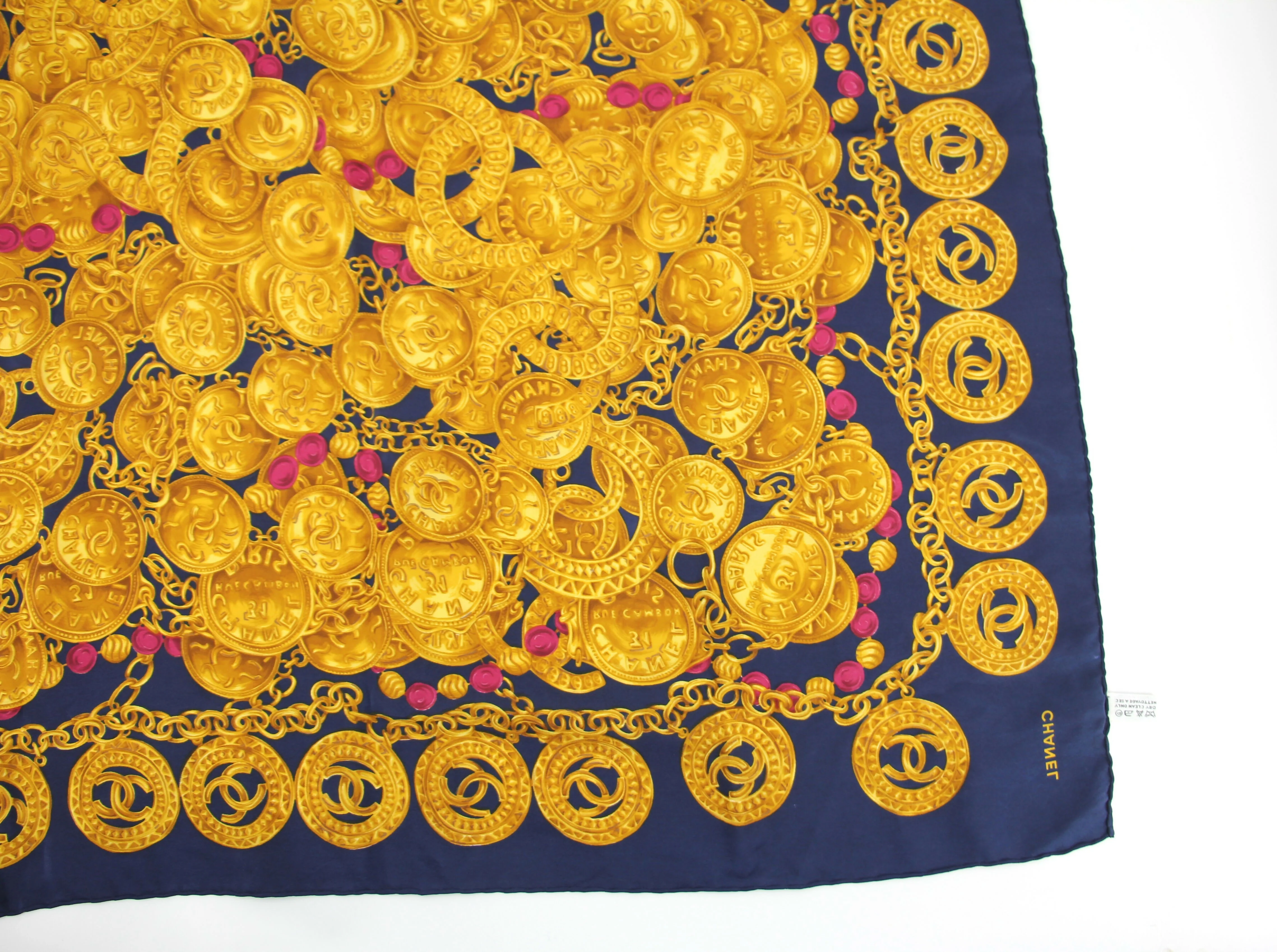Chanel 100% Silk Navy Blue Chain and Gold Coin Pattern Scarf