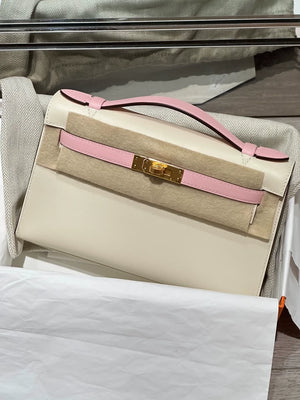 Hermes Kelly Pochette Craie  rose Sakura Pink Swift Leather with gold hardware