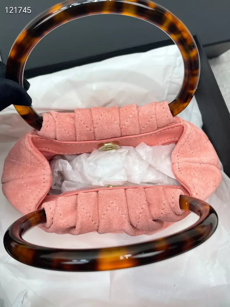 Chanel 26C tortoiseshell handle pink suede handbag