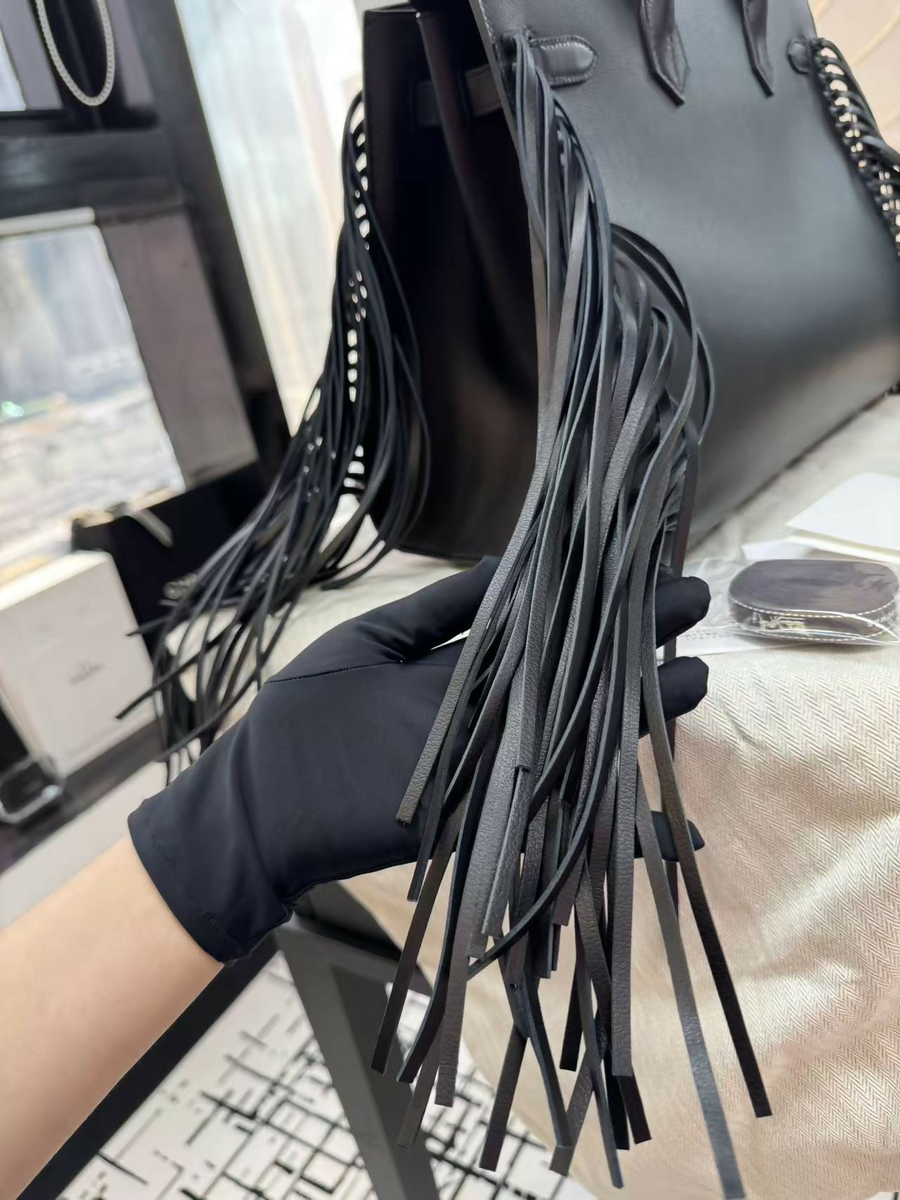 Hermès Birkin 35 Black Evergrain Leather Handbag with Silver Hardware and Fringe