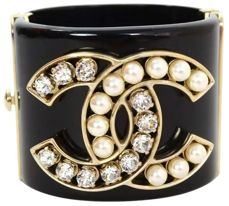 Chanel Iconic 14B Crystal  Pearl CC Wide Black Cuff Bracelet GHW