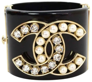 Chanel Iconic 14B Crystal  Pearl CC Wide Black Cuff Bracelet GHW