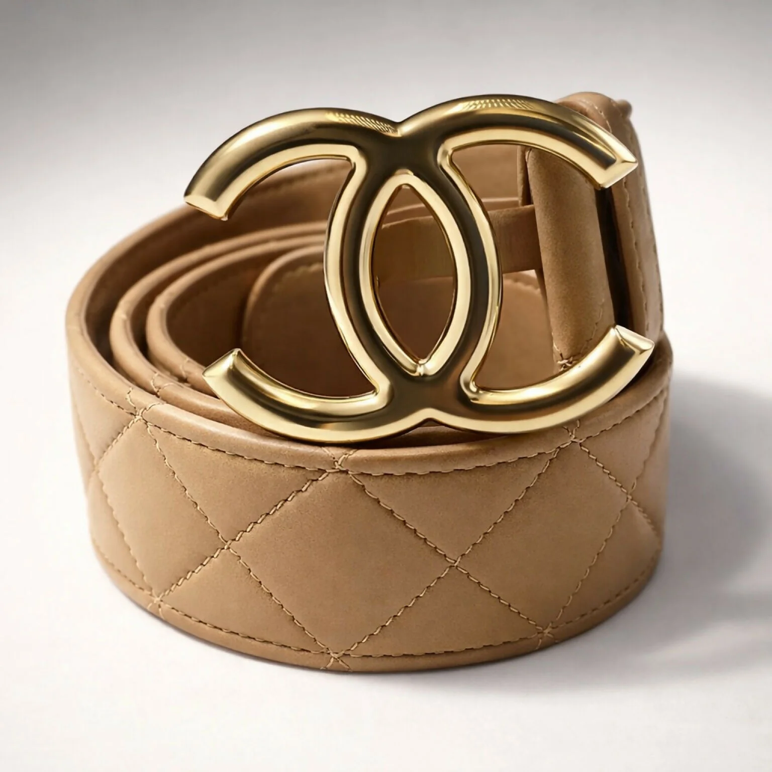 Chanel 14C Beige on Gold CC Buckle Quilted Lambskin Belt Size 85/34