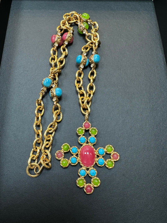 Chanel Vintage 1995 Gripoix  Rhinestone Gold Plated Chain Necklace