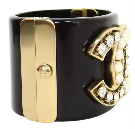 Chanel Iconic 14B Crystal  Pearl CC Wide Black Cuff Bracelet GHW