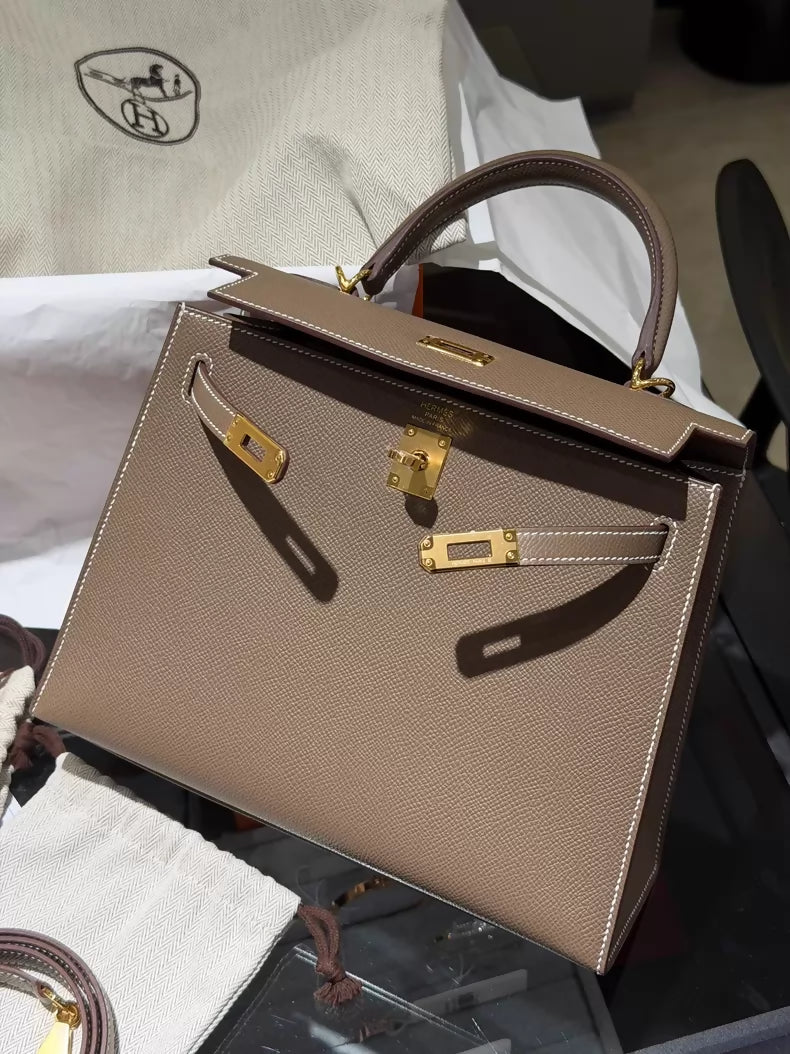 Hermes Kelly 25 Etoupe Epsom leather gold hardware