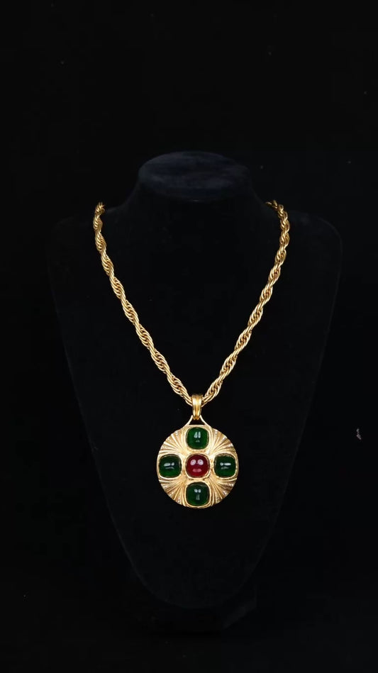 Chanel Round Pendant Necklace with Red and Green Rhinestones