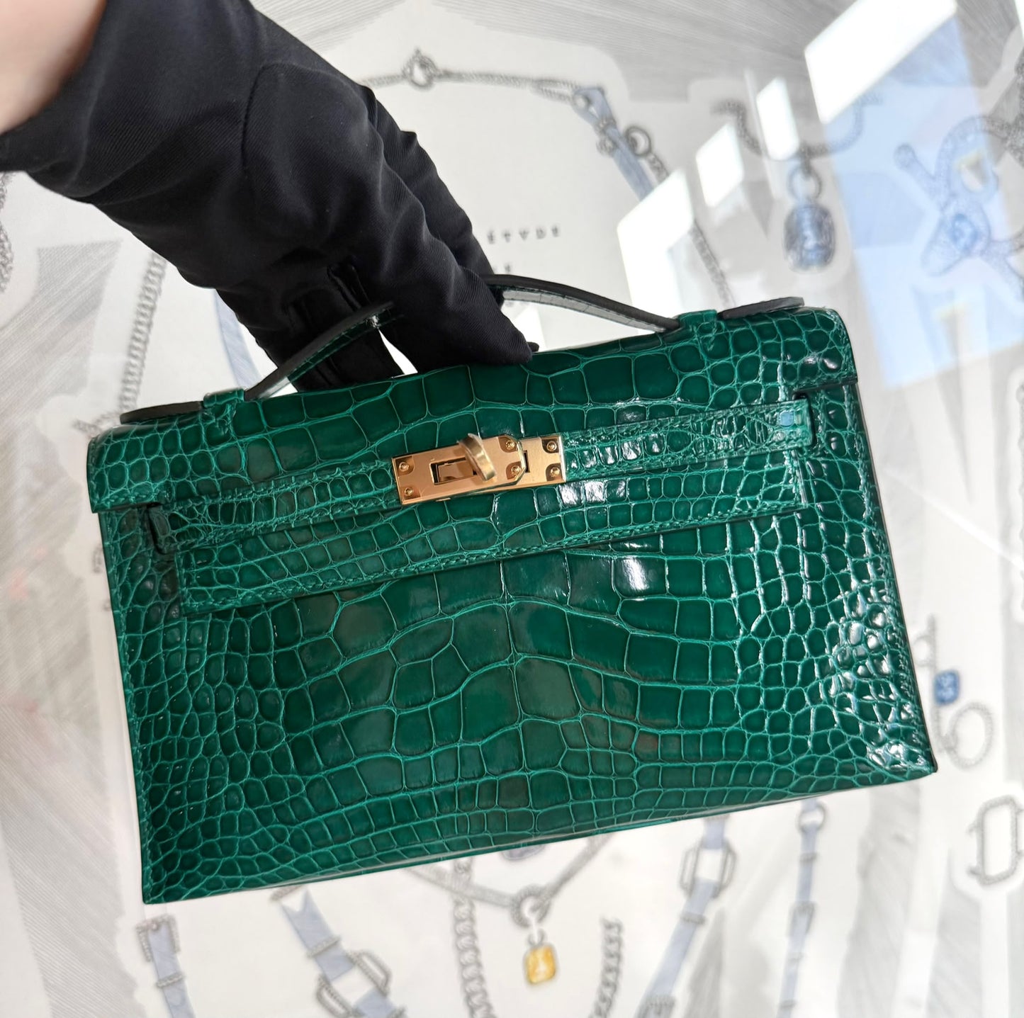 Hermes kelly pochette vert emerald shiny alligator gold hardware