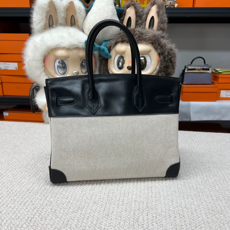 Hermes Birkin 30 Canvas  Black Box Leather with gold hardware