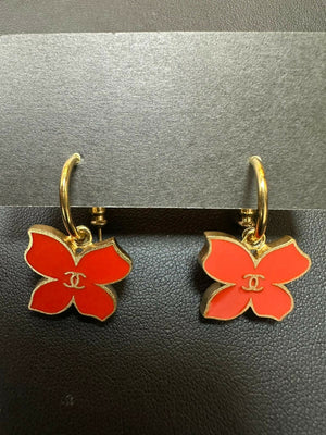 Chanel Vintage 02S Metal Orange Red Four Petal Hoop Stud Earrings