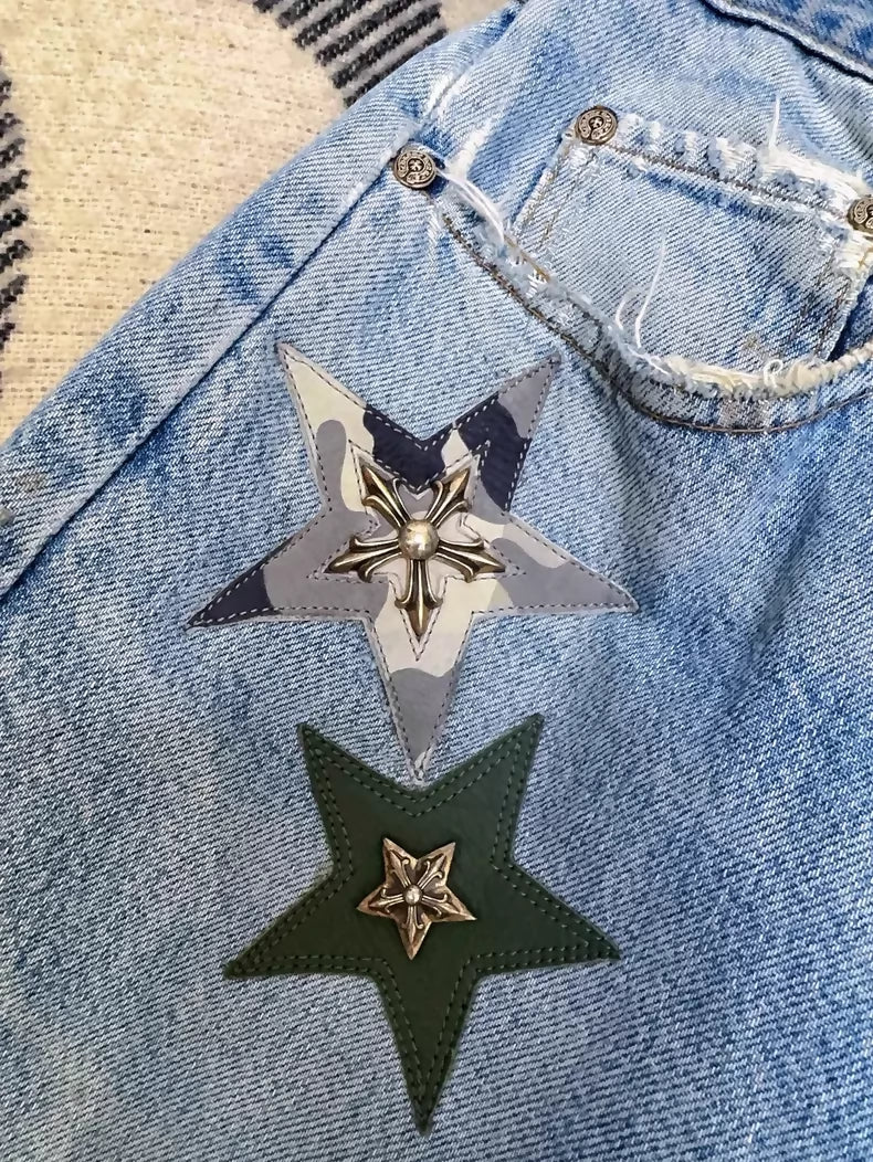 Chrome Hearts Limited Edition Blue Distressed Jeans, Army Green Camouflage Patchwork Star Jeans