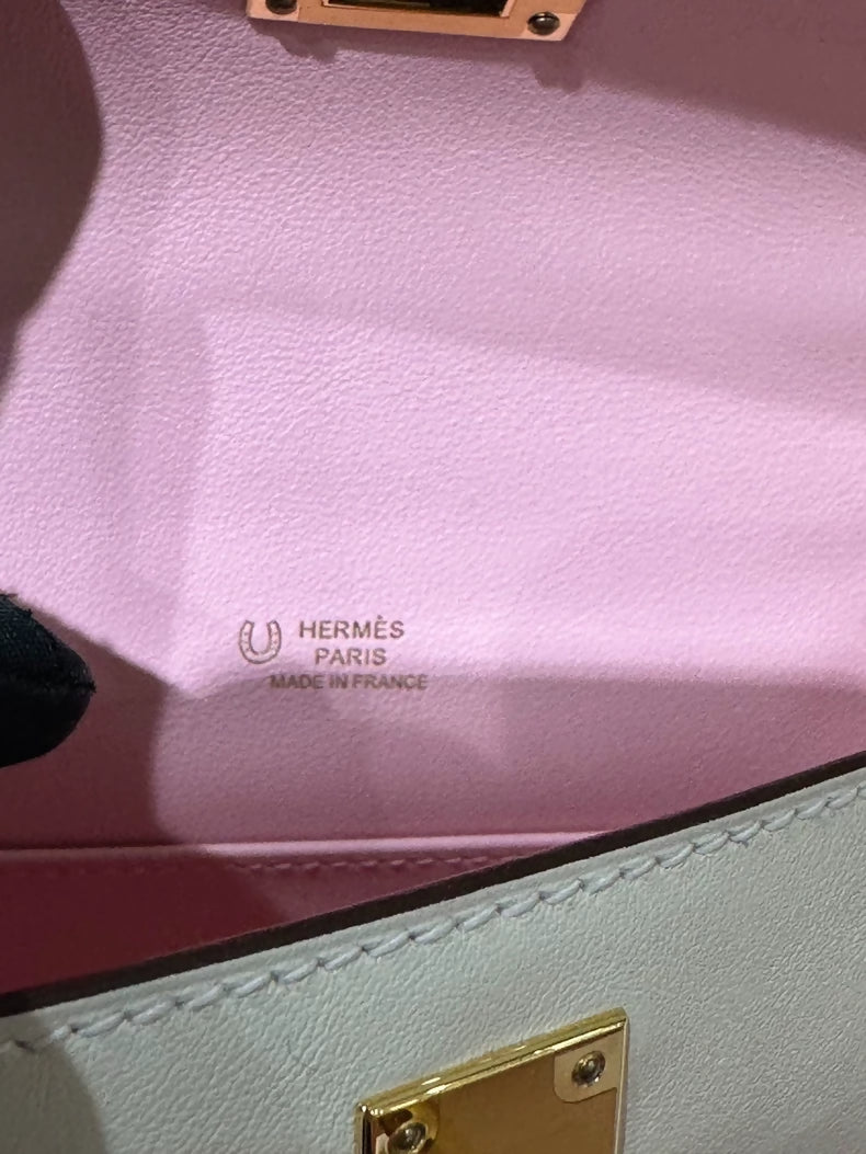 Hermes Kelly Pochette Craie rose Sakura Pink Swift Leather with gold hardware