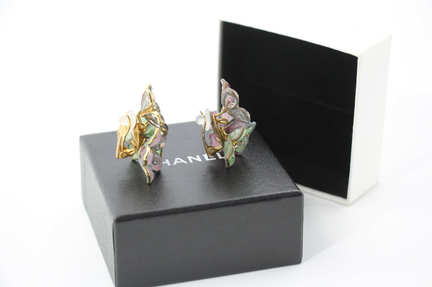 Chanel Vintage 71-80 Rhinestone Pink and Green Flower Earrings