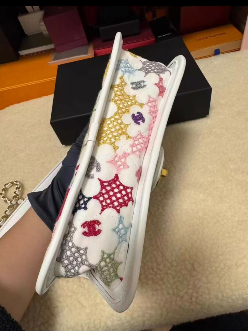 Chanel Spring 2024 White  Multicolor Floral Embroidered Classic Flap Bag with Aged Gold Hardware