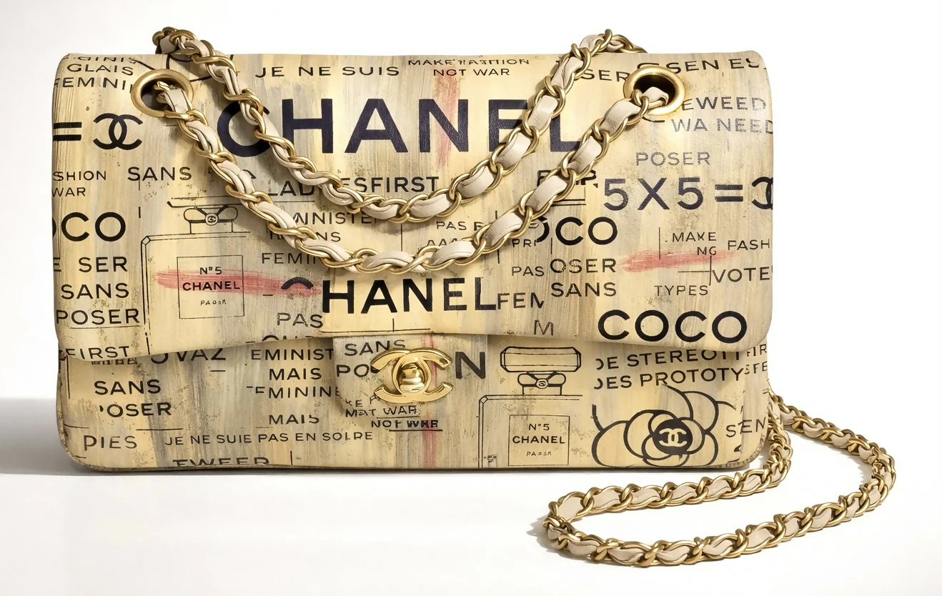 CHANEL 15S GRAFFITI NEWSPAPER CLASSIC MEDIUM DOUBLE FLAP BAG