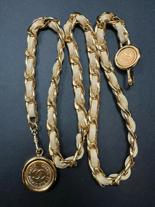 Chanel Vintage 80S Gold Plated  Leather Light Brown Gold Coin Waist Chain (L95)