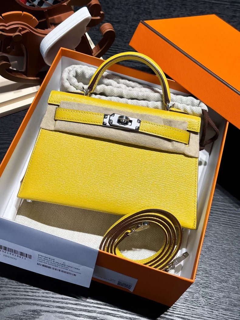 Hermes mini Kelly 20 yellow goatskin Chevre leather palladium hardware