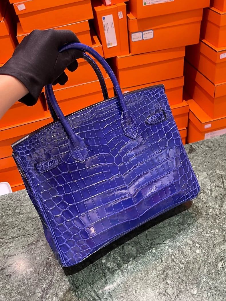 Hermes Birkin 30 Blue electric shiny crocodile leather palladium hardware