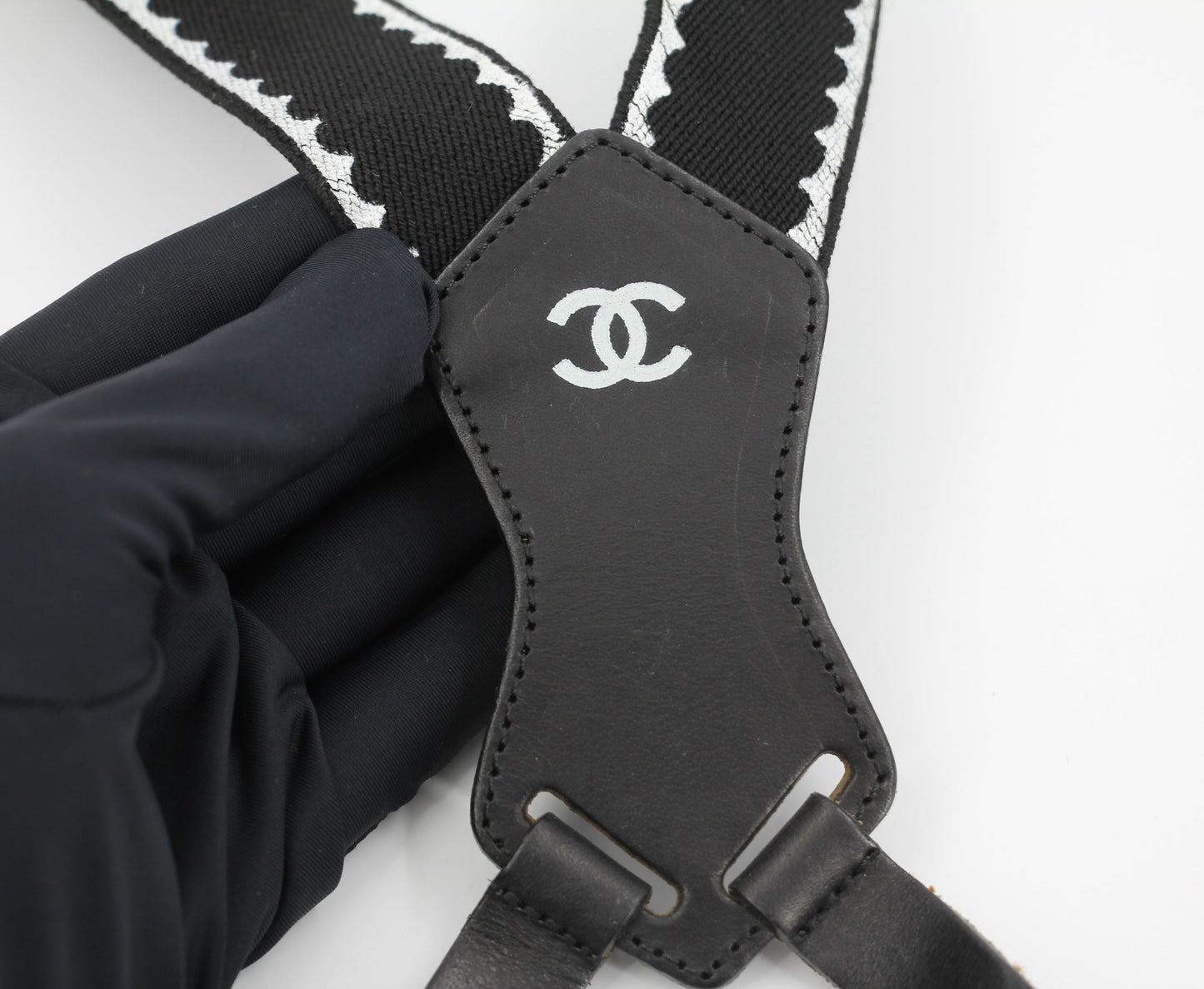 Chanel Vintage 94P Leather  Canvas Coco Mark Suspenders in Black with Gold Hardware
