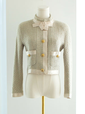 Chanel Vintage S/S1990 Seafood Green Cream Satin Bow Tweed Cropped Jacket
