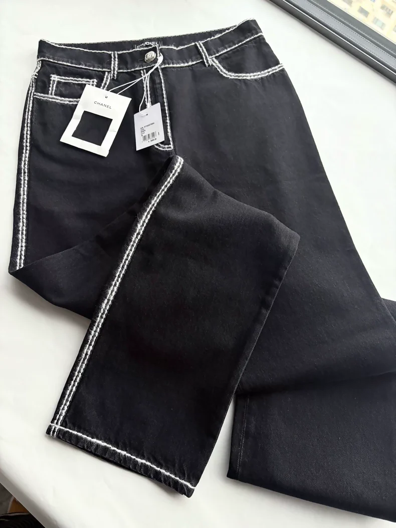 Chanel 24N Black Straight-Leg Trousers with white Stripe Trim