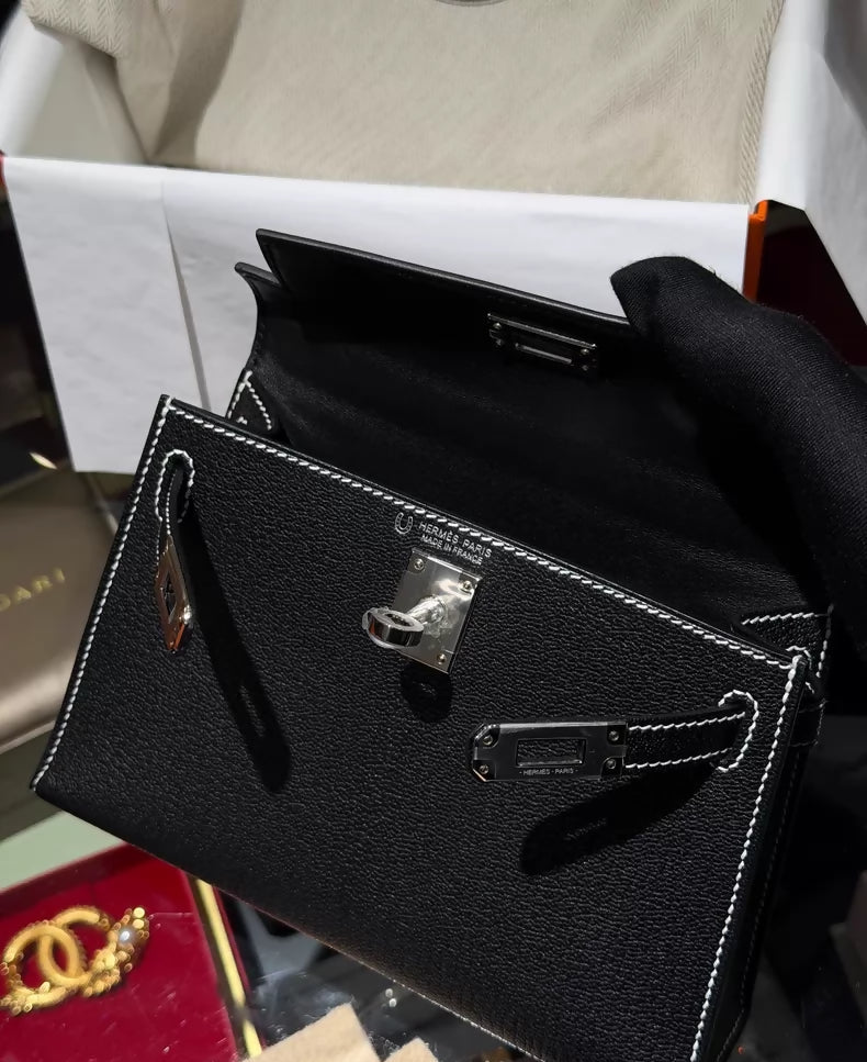 Hermes Mini Kelly 20 black goat leather with white stitching palladium hardware
