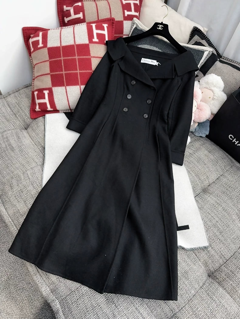 Dior classic black wool off shoulder long dress