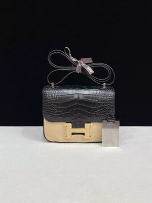 Hermes Constance 19 black matte alligator leather light gold hardware