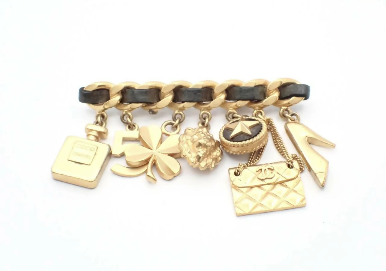 Chanel Vintage 96P Gold Plated & Leather Perfume Bottle Shoe Camellia Quilted Bag Charm Brooch