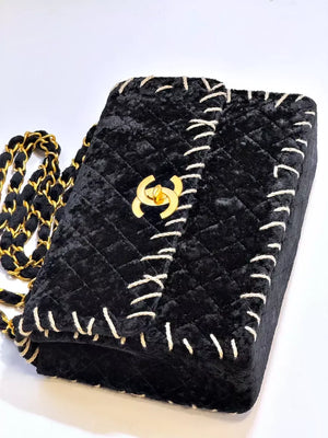 Chanel Vintage 1993 Black Velvet Whipstitch Flap Bag