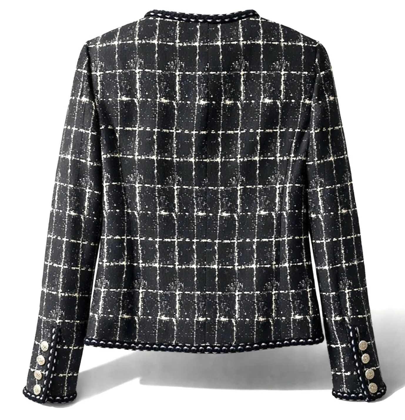 Chanel 14P Black Grid Tweed Braided Trim Double Breasted Jacket FR 36