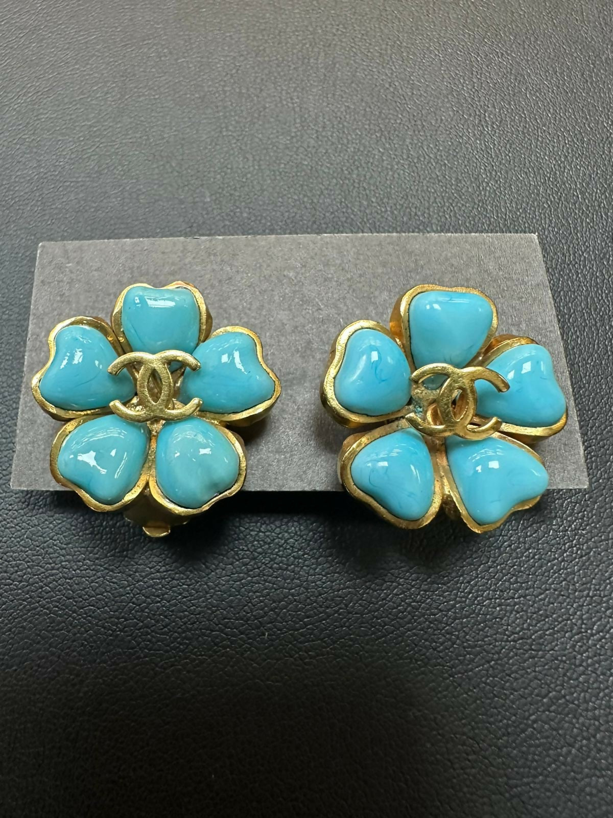 Chanel Vintage 97P Gripoix  Gold Plated Blue Camellia Clip-on Earrings