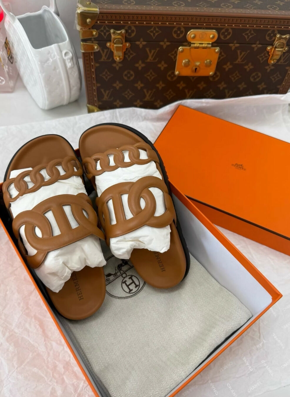 Hermes gold leather sandals