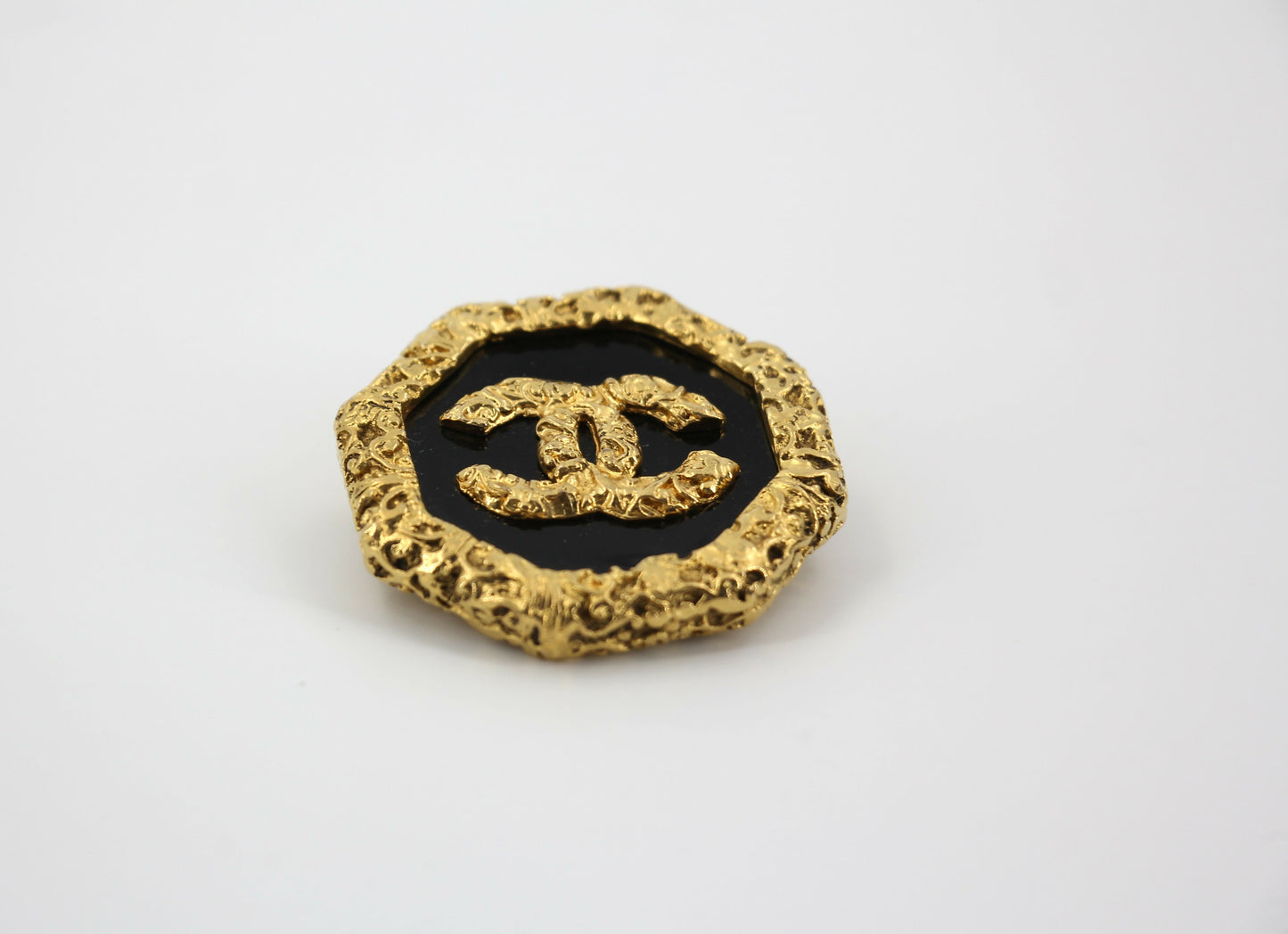 Chanel Vintage 93A Lava Octagonal CC Logo Black and Gold Tone Brooch