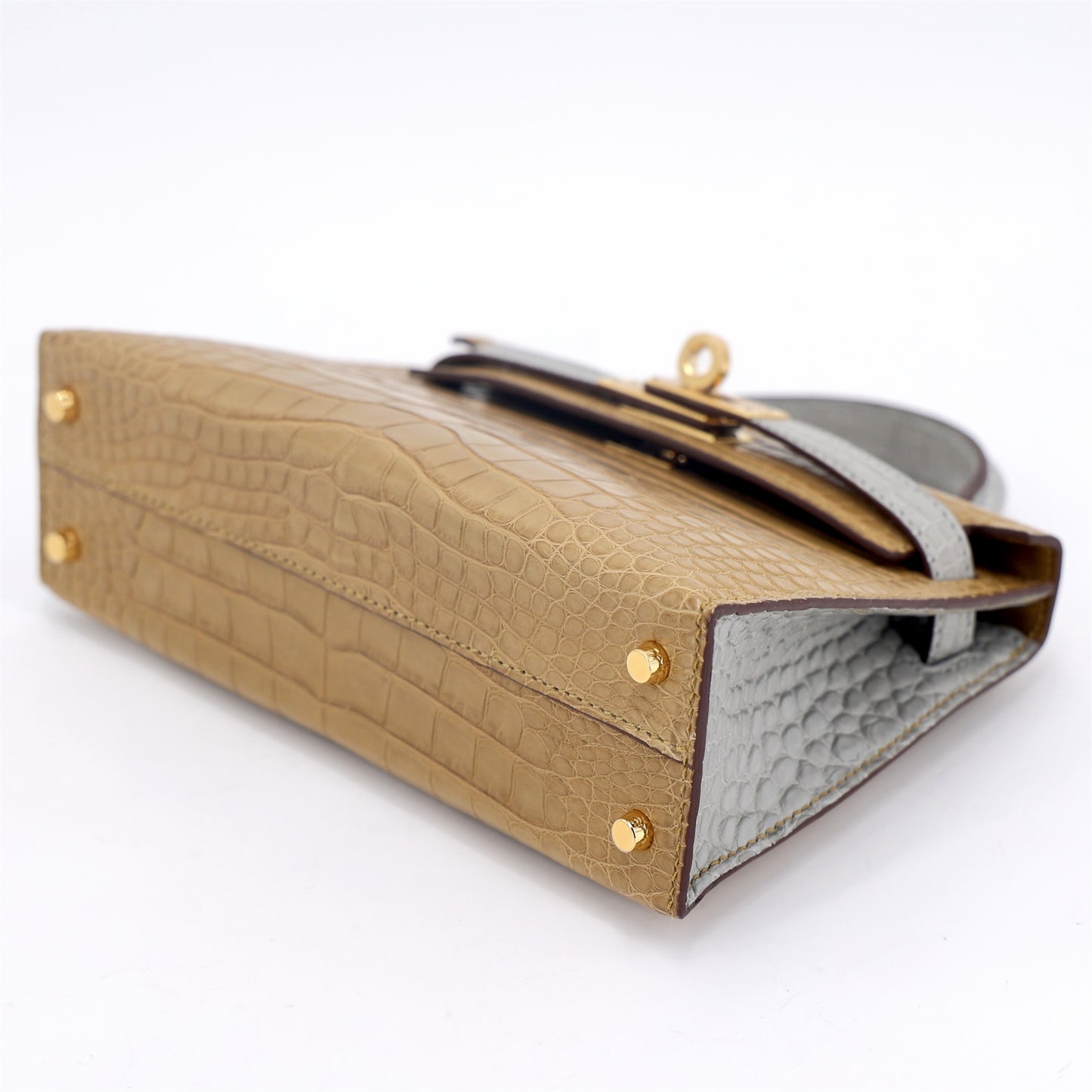 Hermes Mini Kelly 20 Gris Perle Kraft (2H) Matte Alligator Gold hardware