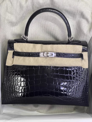 Hermes Kelly 25 black shiny crocodile leather palladium hardware