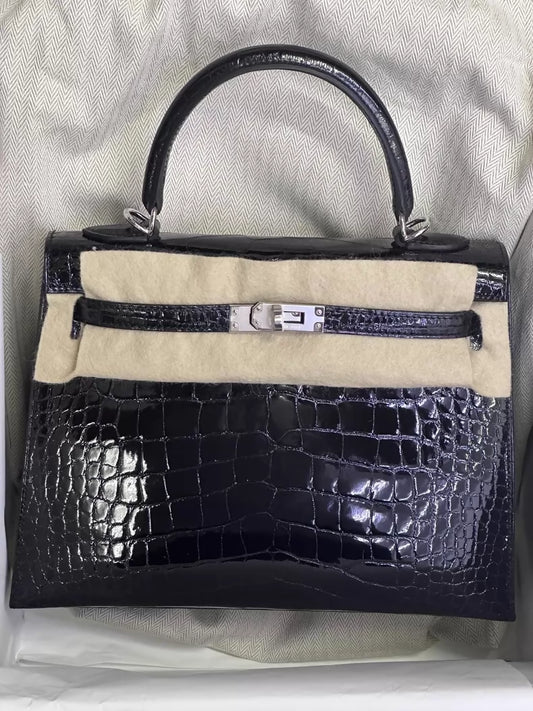Hermes Kelly 25 black shiny crocodile leather palladium hardware