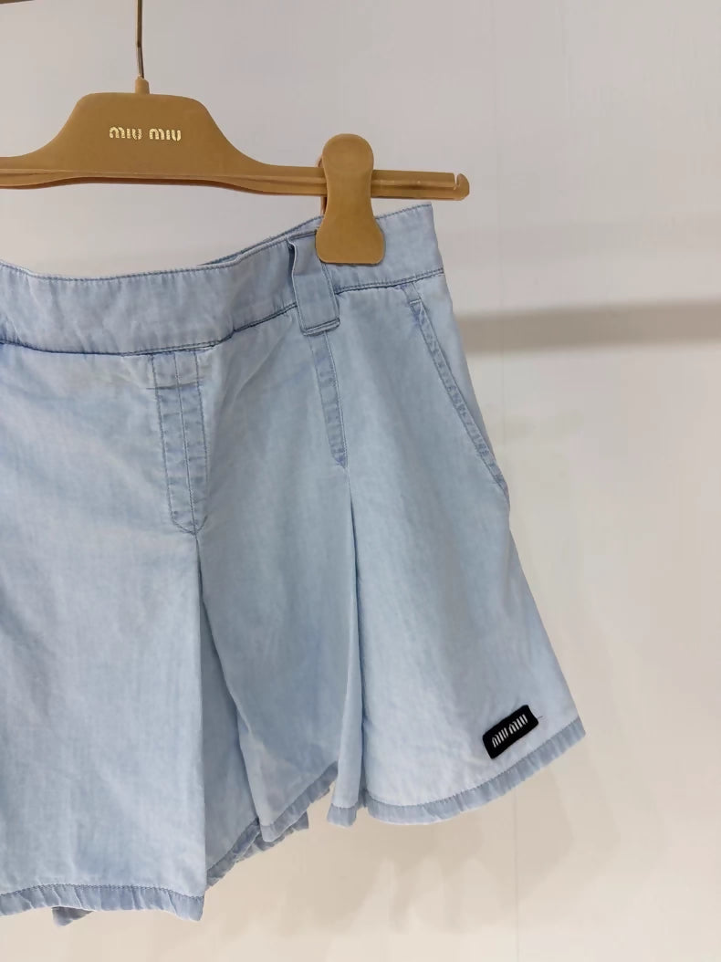 Miu Miu light blue distressed denim skirt