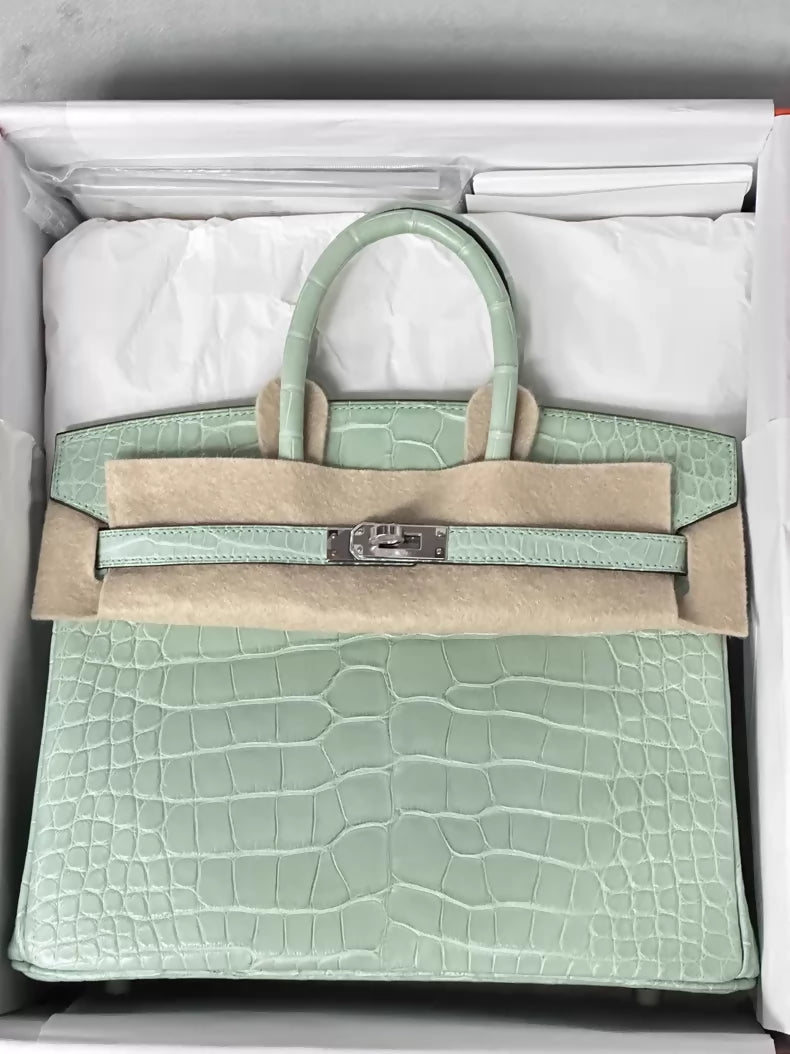 Hermes Birkin 25 6U Vert dEau matte crocodile leather palladium hardware