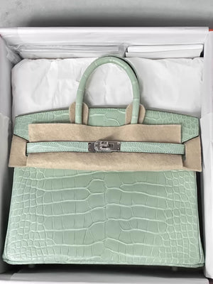 Hermes Birkin 25 6U Vert dEau matte crocodile leather palladium hardware