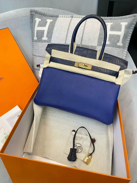 Hermes Birkin touch 30 in blue togo  matte crocodile leather gold hardware